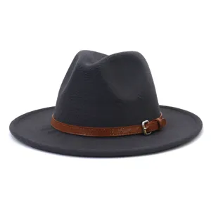 Close-up view of the dark grey wool fedora hat with a brown leather belt and metal buckle.