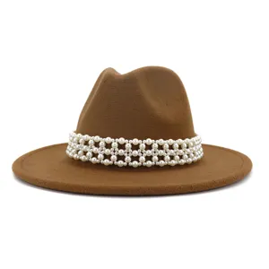 Elegant brown woolen fedora hat with delicate white pearl band for autumn and winter.