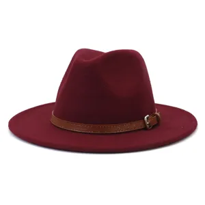 Detailed view of the burgundy wool fedora hat with brown leather belt and metal buckle.