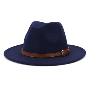 Navy blue fedora hat with brown leather belt buckle, classic woolen jazz hat for autumn and winter.