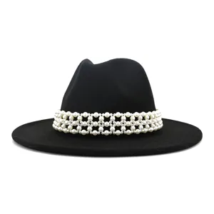 Woolen jazz hat detail, elegant wide brim fedora with luxury pearl bead band for women.