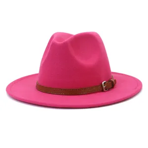 Unisex Wool Felt Fedora Hat Wide Brim Fashion Jazz Hat Pink Cap with Brown Belt Buckle