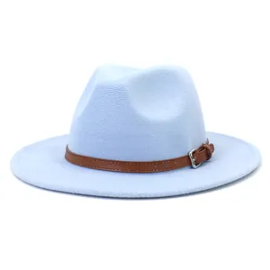Light blue fedora hat detail, British style wool felt hat with brown belt and buckle.