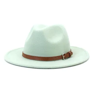 Wide brim wool fedora hat for men and women, classic retro jazz cap with leather belt.