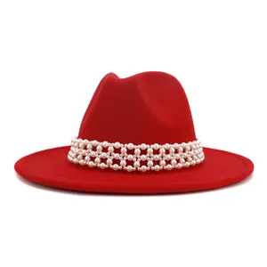 Women Autumn Winter Woolen Fedora Hat Wide Brim Jazz Hat With Pearl Beaded Strap Fashion Elegant Lady Dress Hat