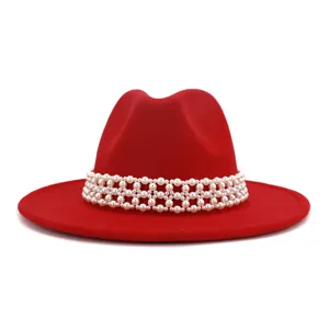 Red wool fedora hat for women with elegant pearl band decoration, vintage wide brim winter hat.