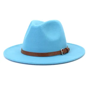 Light blue felt fedora hat with brown belt, classic winter jazz hat for men and women.