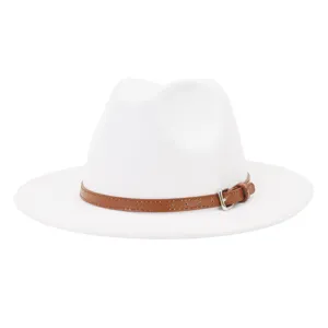 White wool felt fedora hat detail, elegant wide brim and brown leather belt decor.