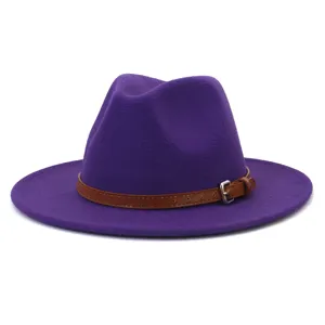 Detail view of the purple wool fedora hat featuring a brown leather belt strap and metal buckle accent.