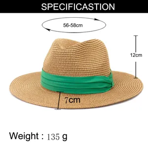Vue détaillée du chapeau de paille tour de tête 56-58cm, hauteur 12cm, bord 7cm, poids 135g.