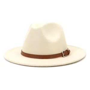 Woolen fedora hat detail featuring a brown leather belt strap and metal buckle, winter fashion.