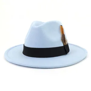 Close-up view of light blue felt fedora hat featuring black ribbon and elegant feather detail.