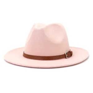 Pink wool fedora hat with brown leather belt detail, classic British style jazz cap.