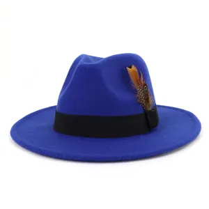 Elegant blue wool fedora hat showcasing a black ribbon band and stylish feather accessory detail.