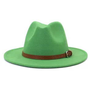 Green wool fedora hat with brown leather belt buckle, wide brim British vintage jazz cap.