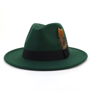 Green fedora hat detail, elegant black band, feather accent, premium wool material trim.