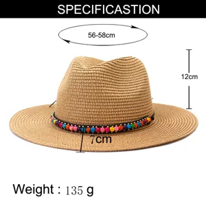 Chapeau fedora en paille classique avec bandeau de perles colorees, chapeau de plage ete pour tous.