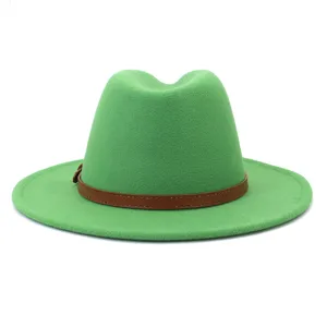 Classic green wool fedora hat with brown leather band for men and women autumn winter