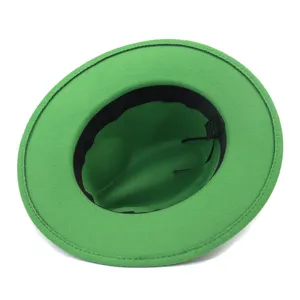 Green wide brim wool fedora hat for men and women, classic British style flat brim jazz hat.