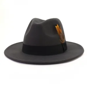 Grey wool fedora hat with black band and feather detail, classic jazz hat style accessory.