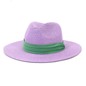 Chapeau de paille Fedora violet avec ruban vert, chapeau de plage solaire stylé pour été.