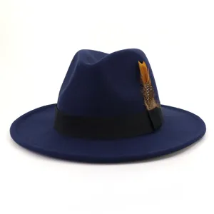 Unisex wool fedora hat with feather accent, stylish wide brim jazz hat detail.