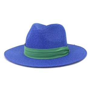 Chapeau fedora en paille bleue pour hommes et femmes été plage protection solaire casquette