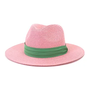 Chapeau fedora en paille rose pour hommes et femmes ete plage protection solaire a large bord