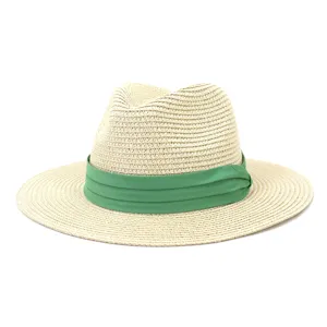 Chapeau fedora en paille d'été pour homme et femme, chapeau de plage anti-uv avec ruban vert.