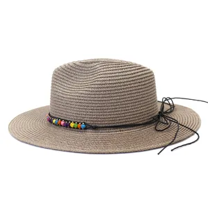 Chapeau de paille élégant pour femmes et hommes, avec perles colorées et nœud latéral chic.