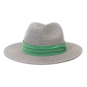 Chapeau fedora en paille grise classique avec ruban vert, chapeau de soleil d'été plage.
