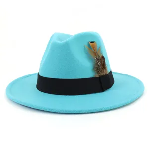 Turquoise wool fedora hat with black band and feather detail, stylish jazz cap for daily wear.