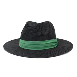 Chapeau Fedora en Paille Unisexe Été Extérieur Plage Protection Solaire Panama avec Décoration en Ruban