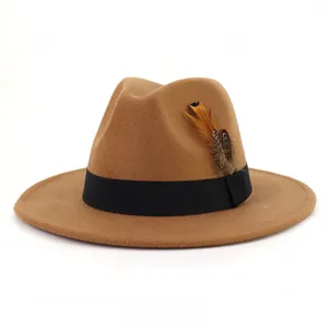 Wool felt fedora hat with feather detail, classic wide brim jazz cap for daily wear.