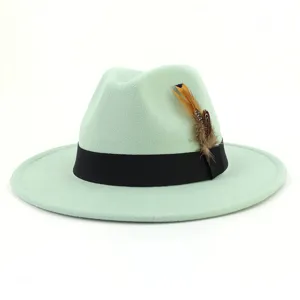 Detail shot of light green fedora hat featuring black band and elegant feather decoration.