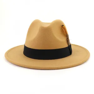 Classic wool felt fedora hat with black ribbon and feather accent, stylish casual winter hat.