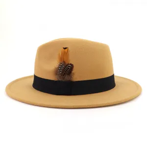 Khaki wool fedora hat for men and women, wide brim jazz cap with feather and band.