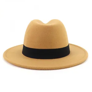 Classic Wide Brim Woolen Fedora Hat Detail Camel Jazz Hat with Black Band Accessory