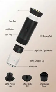 Portable electric espresso coffee maker component exploded view, wireless travel machine.