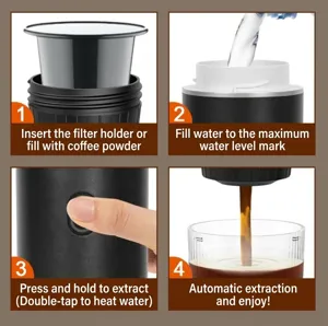 Portable electric espresso coffee maker for outdoor travel, wireless design and easy use.