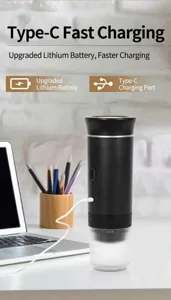 Portable electric capsule coffee maker with built-in rechargeable battery and Type-C fast charging.