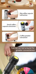 Portable 3-in-1 coffee maker for capsules and powder, ideal for travel, car, and outdoor use.