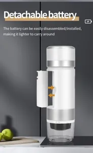 Portable espresso maker detail view highlighting the convenient detachable battery design.