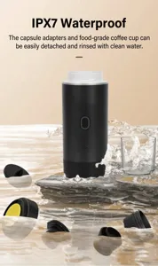 Detail view of portable electric capsule coffee machine with waterproof design and detachable parts.