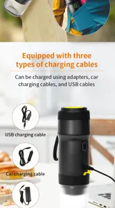 Portable mini espresso machine with 3 charging cables for car, USB, and travel use.