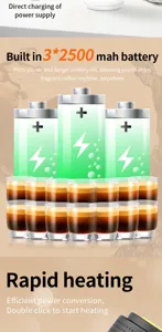 Portable coffee maker detail showing built-in battery specifications and rapid heating system.