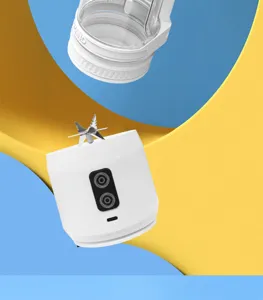 Portable electric blender juicer cup detail view with USB rechargeable battery and blades.