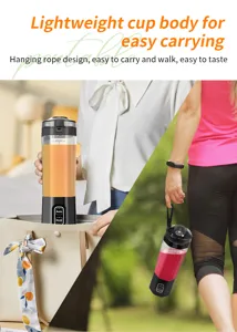 Portable electric blender cup detail showcasing lightweight body and convenient hanging rope.