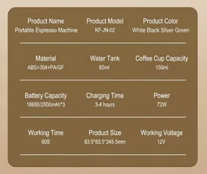 Detailed specification chart of portable espresso machine showing capacity, battery and power data.