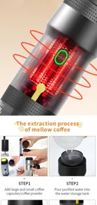 Portable mini coffee maker for capsules and powder, USB rechargeable travel espresso machine.